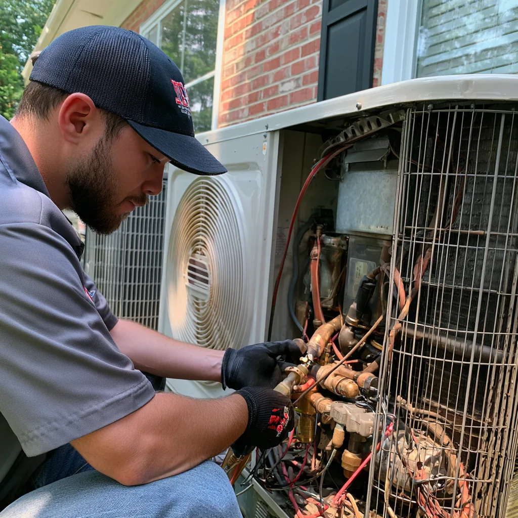HVAC technician servicing an open residential outdoor condenser
