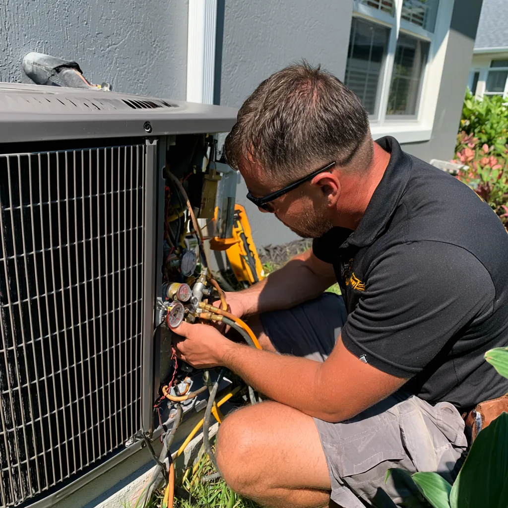 HVAC technician checking service gauges on a residential outdoor unit