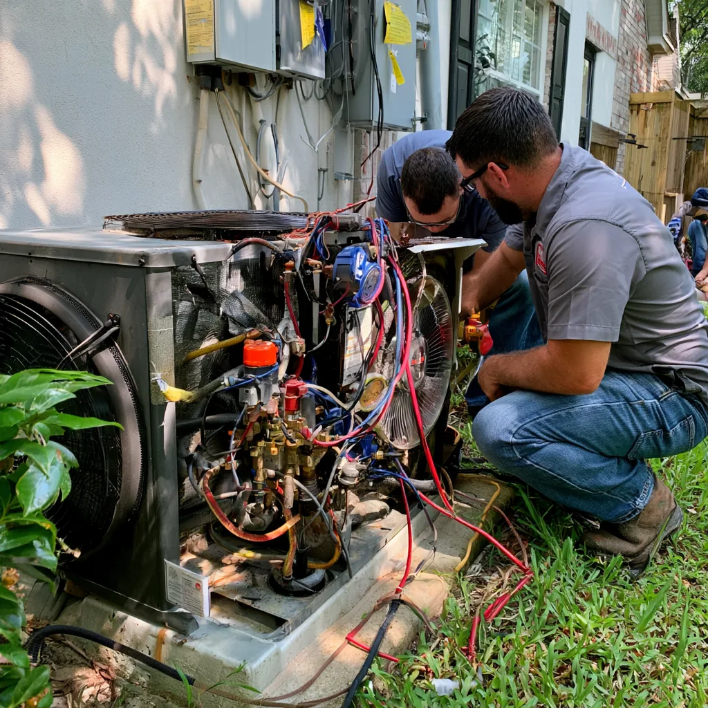 Two HVAC technicians troubleshooting an open residential condenser